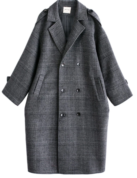 【梨卡】加厚 格紋 雙排扣 毛呢大衣