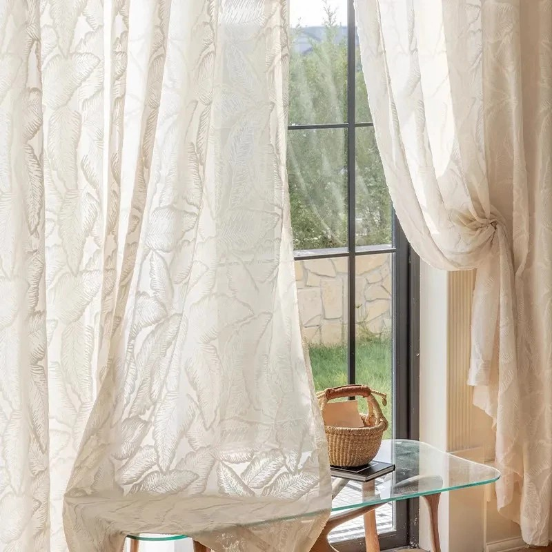 法式奶油色紗簾 浮雕復古窗紗 法式輕奢